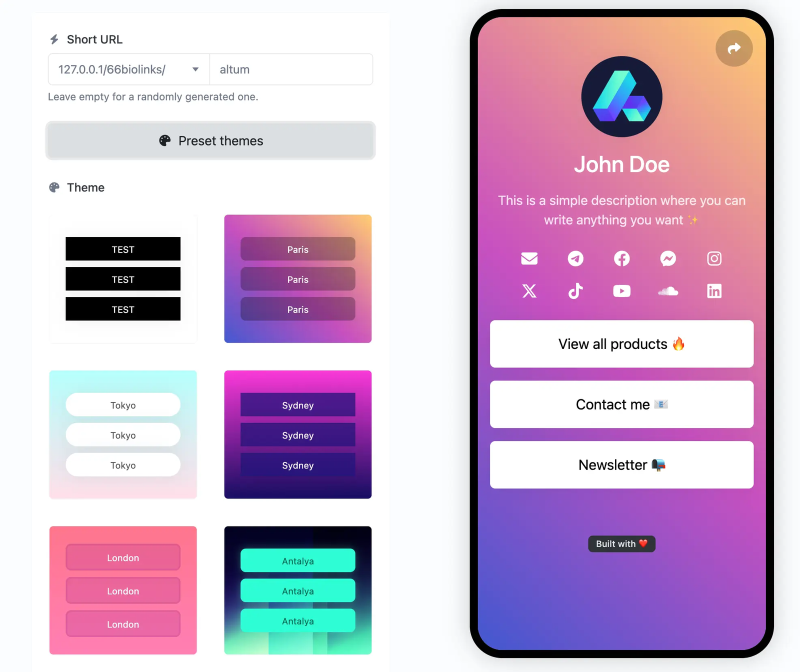 Theme picker showing several color presets next to a live preview of a profile page