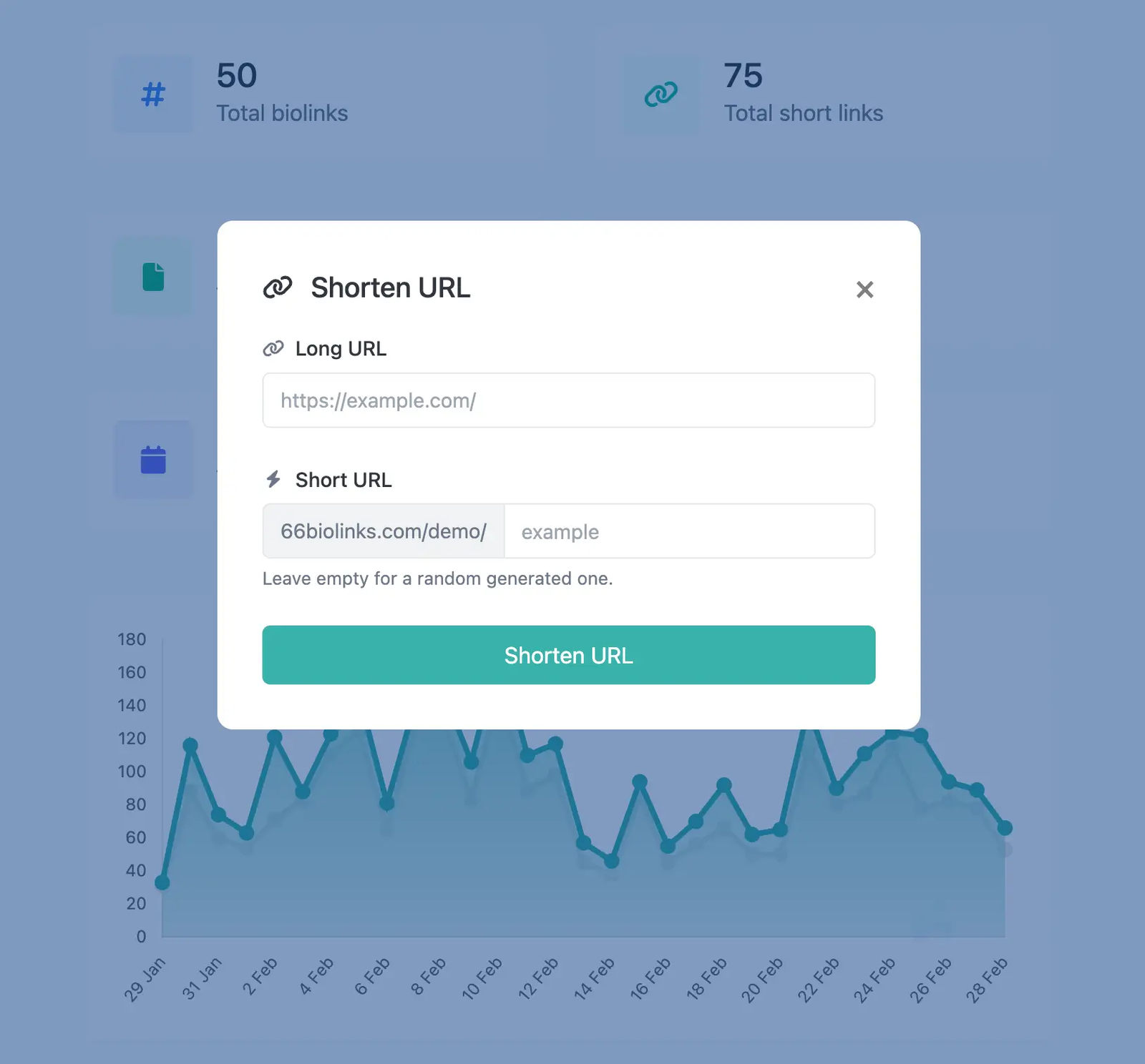 Shorten URL dialog next to a chart of clicks over the past month