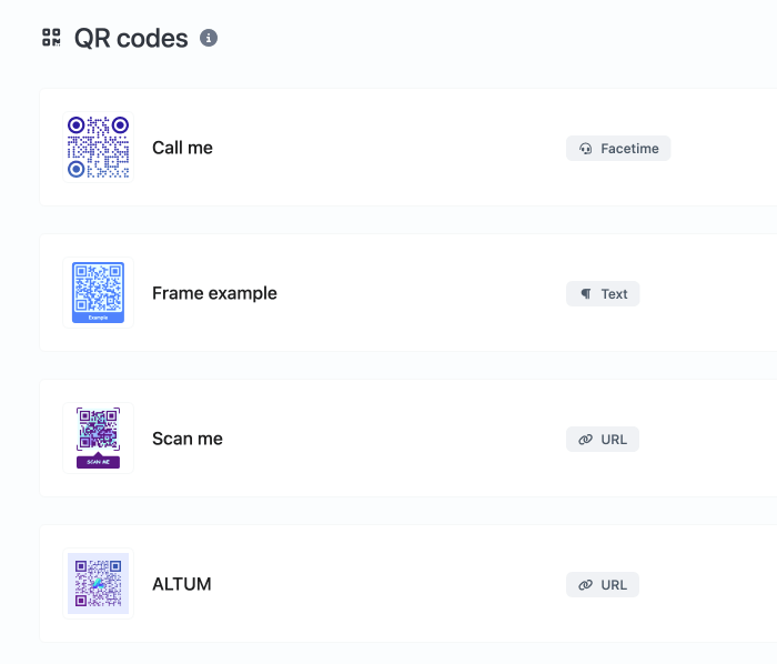 List of saved QR codes with labels for a phone call, a framed design, and two URL codes